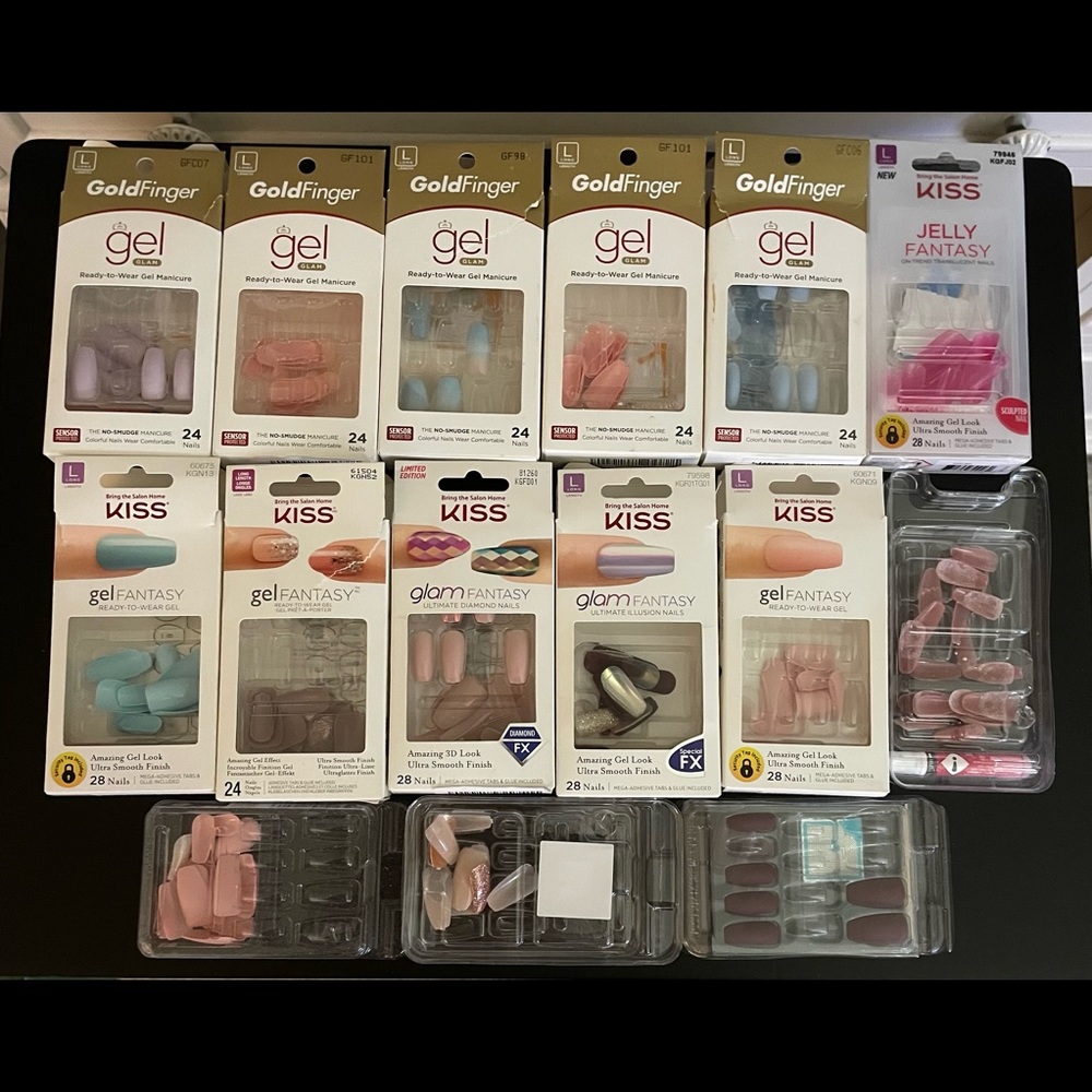 Lot of 15 kiss impress gold finger manicure nails press on mix mismatch